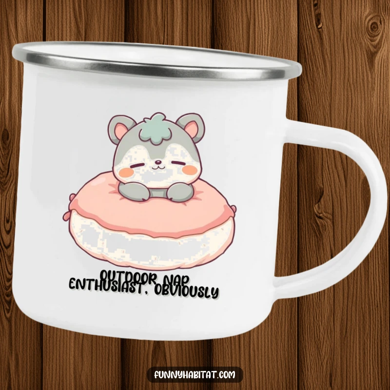 Funny Camping Mug showing a contented animal character lounging on a fluffy cushion, perfect for outdoor adventures and a good laugh.