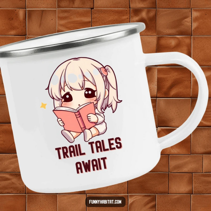 Funny Camping Mug showcasing a peaceful character reading a book, perfect for enjoying hot beverages during outdoor excursions.