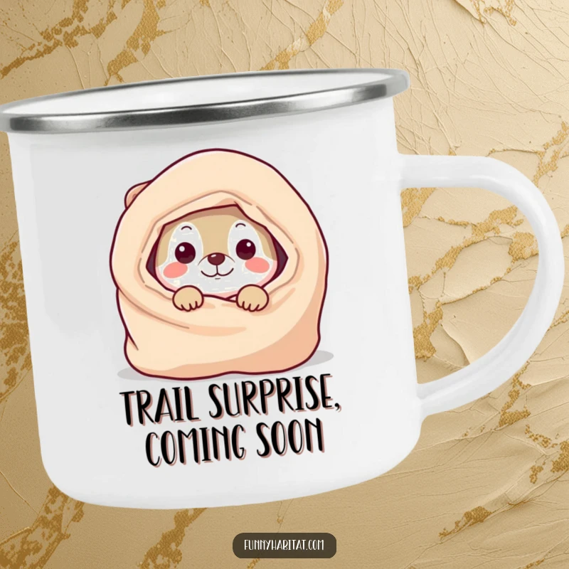 Funny Camping Mug with a playful animal character peeking from behind a cozy blanket, perfect for outdoor fun and a good laugh.