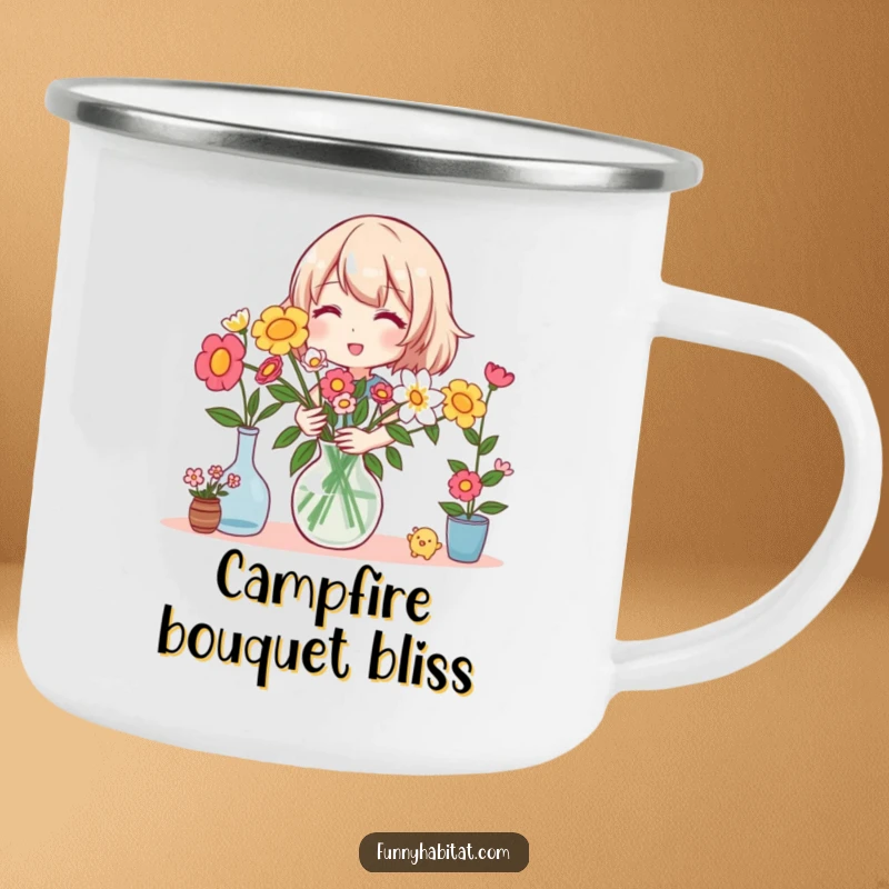 Funny camping mug featuring a happy character arranging a vase of colorful flowers, perfect for outdoor floral appreciation.