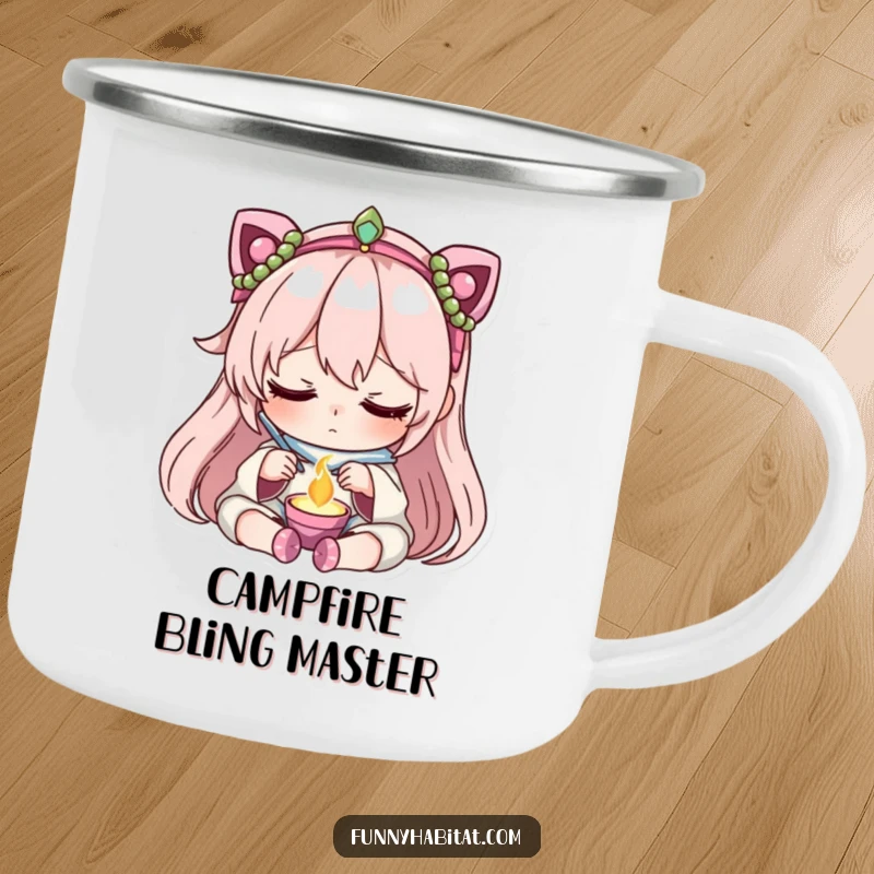 Funny camping mug featuring a character with focused, peaceful concentration crafting jewelry, perfect for outdoor creative sessions.