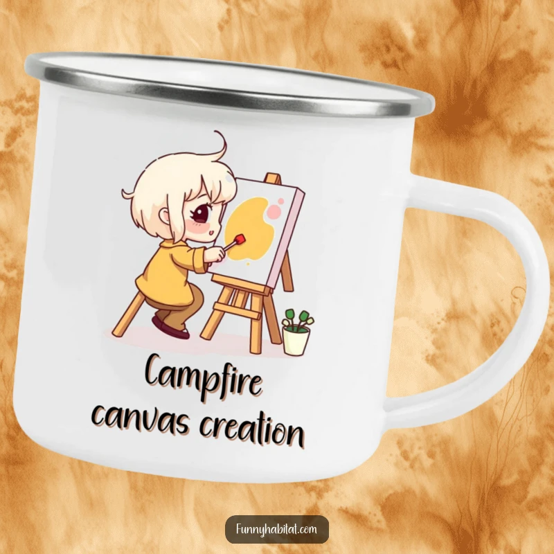 Funny Camping Mug: A character happily paints a small canvas in an outdoor setting, blending art and adventure humorously.
