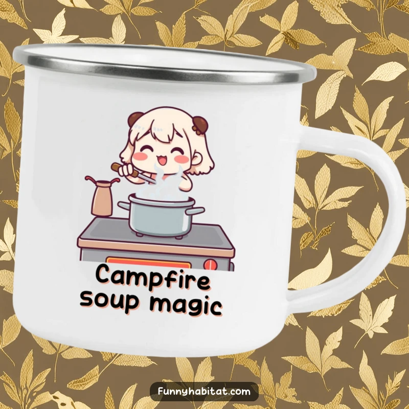 Funny camping mug showcasing a character stirring a pot at a stove with steam rising, perfect for outdoor chefs.