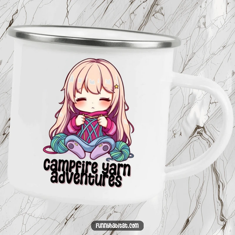 Funny Camping Mug: A character focuses on knitting with colorful yarn, blending cozy craft with outdoor enjoyment humorously.