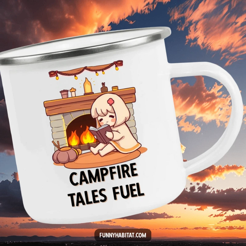 Funny character reading a book by a glowing fireplace, on a camping mug.