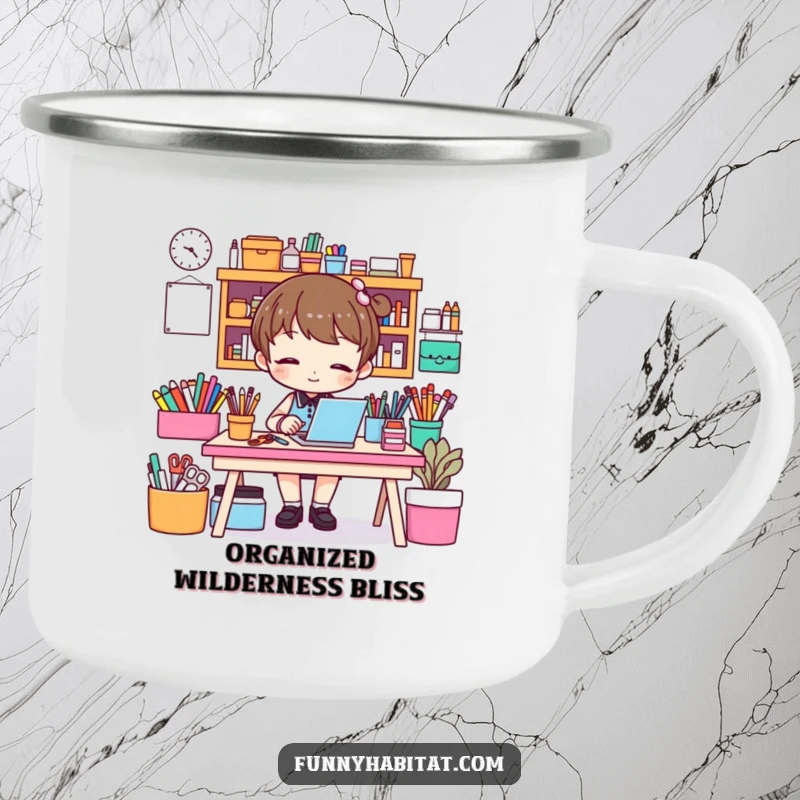 Funny camping mug featuring a character organizing craft supplies, ideal for outdoor crafting sessions and a touch of humor.