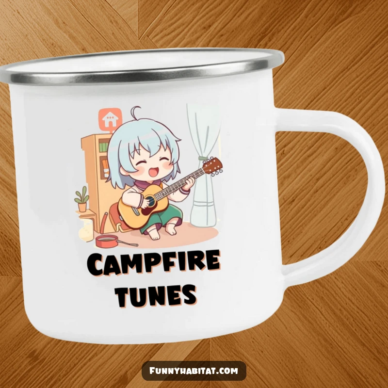 Funny camping mug with a character enthusiastically playing a musical instrument in a cozy room; durable and humorous outdoor drinkware.
