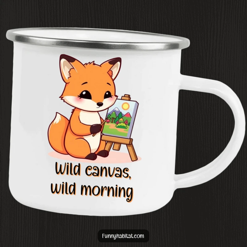 Funny fox character painting a landscape on a tiny canvas, a sturdy and humorous enamel camping mug for art lovers.