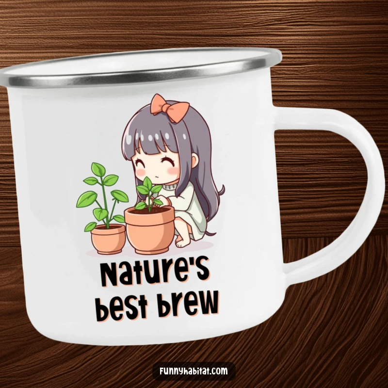 Funny Kawaii Camping Mug, a cute character tends a small flourishing plant, durable and nature-themed.