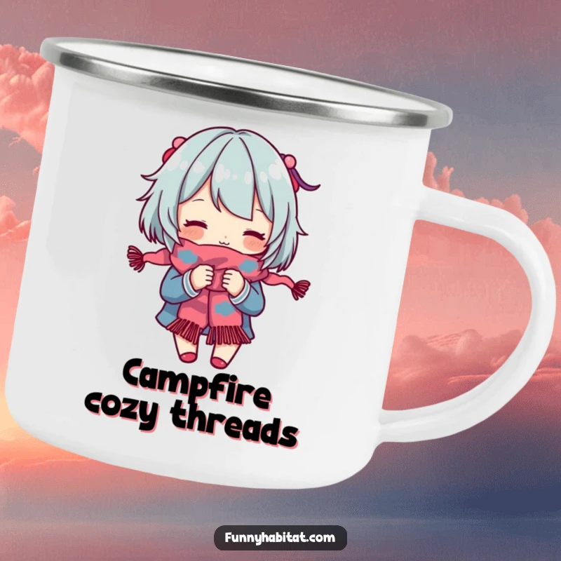 Funny Camping Mug: A character engrossed in knitting a colorful scarf, designed for cozy outdoor moments. Perfect gift.