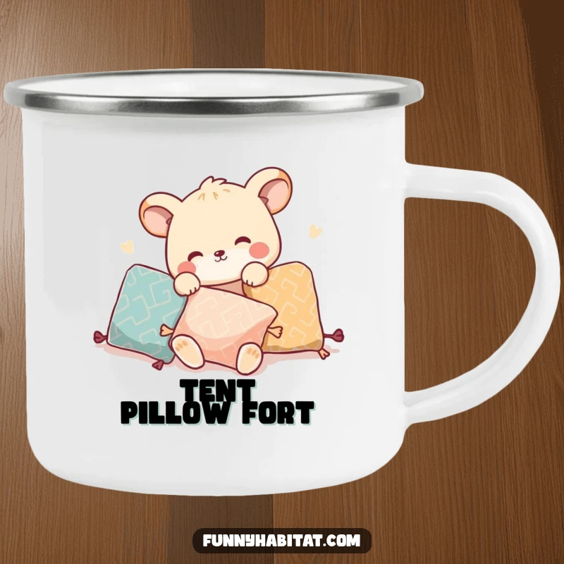 Funny camping mug featuring an animal character playfully rearranging pillows, suitable for outdoor use and gifts.
