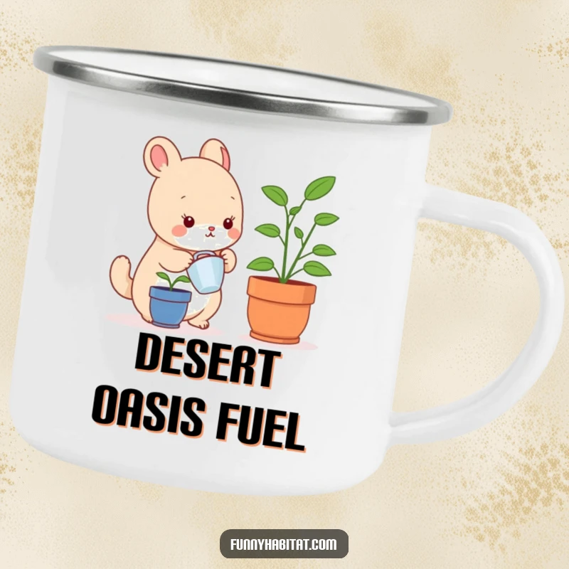 Funny camping mug featuring a small animal character watering a tiny plant, perfect for outdoor enthusiasts and gifts.