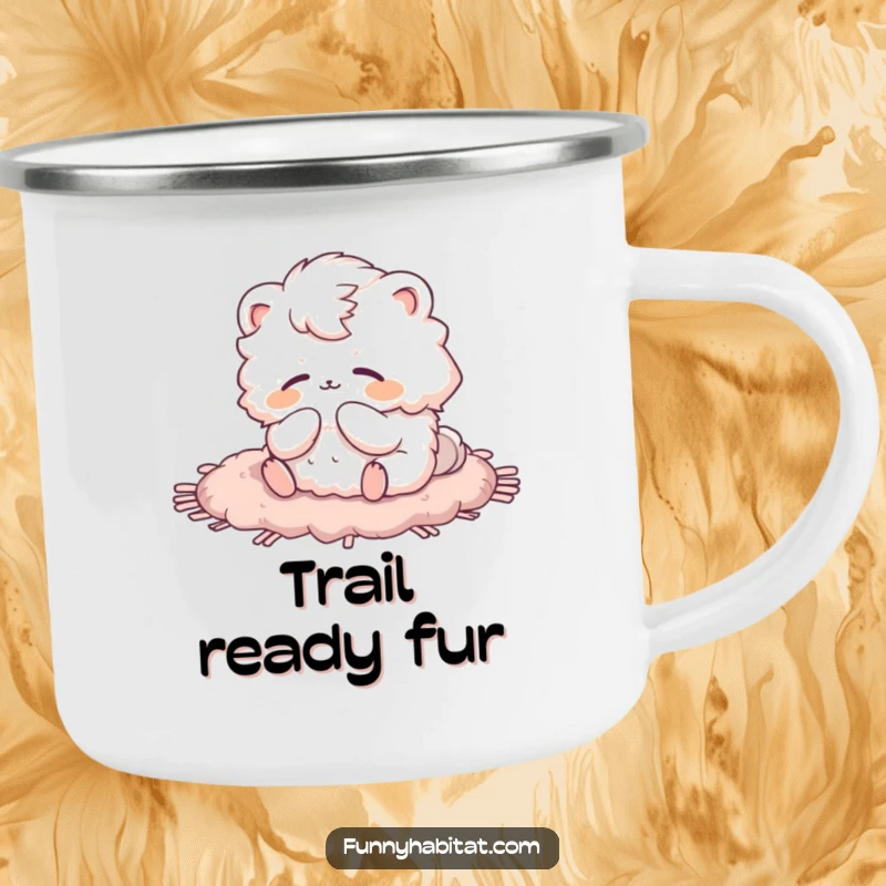 Funny camping mug featuring a fluffy animal character grooming on a rug, suitable for outdoor use.