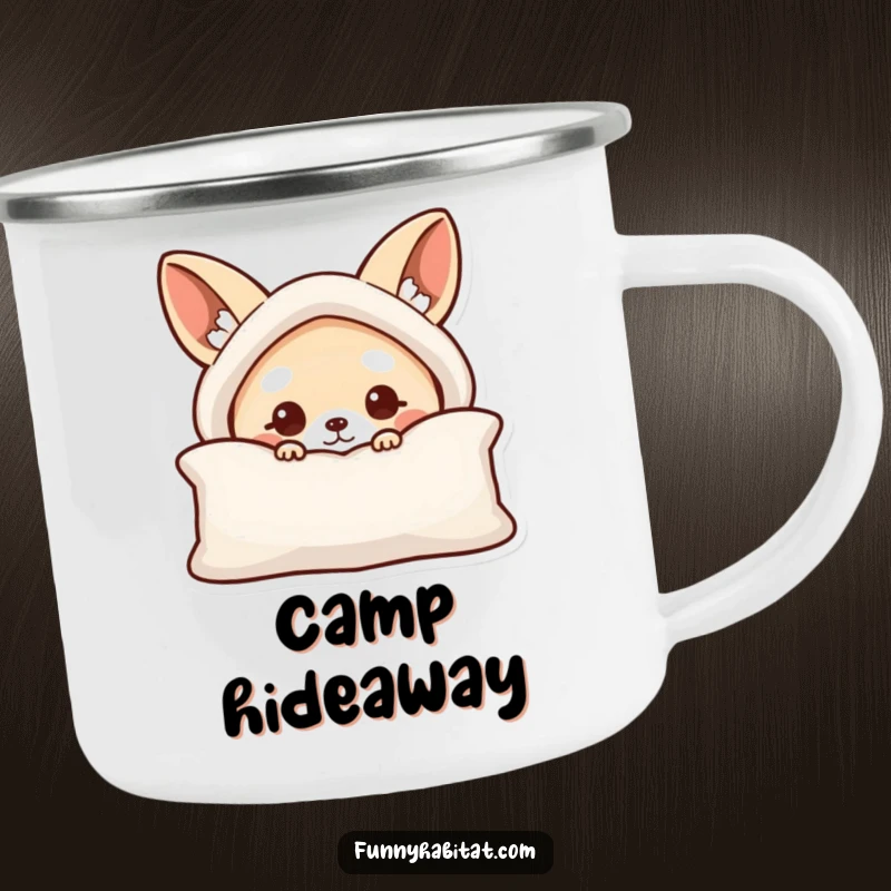 Funny camping mug featuring a curious animal character peeking from behind a cushion, suitable for outdoor use.