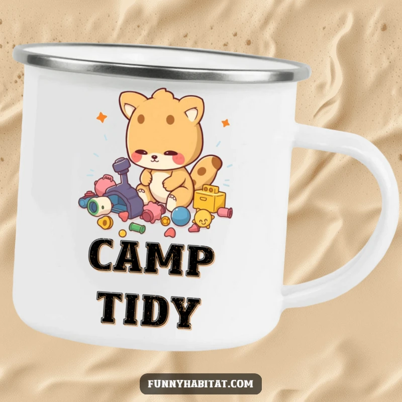 Funny camping mug featuring an energetic animal character tidying toys, suitable for outdoor use and gifts.