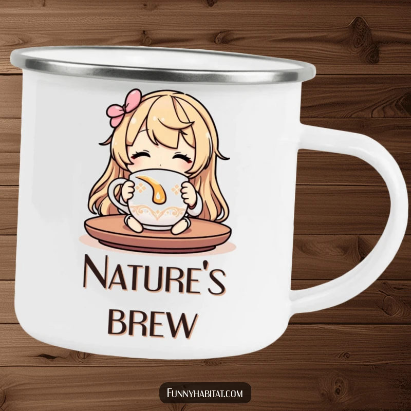 Funny tea lover camping mug with a character relaxing and sipping tea, durable and perfect for outdoor relaxation.