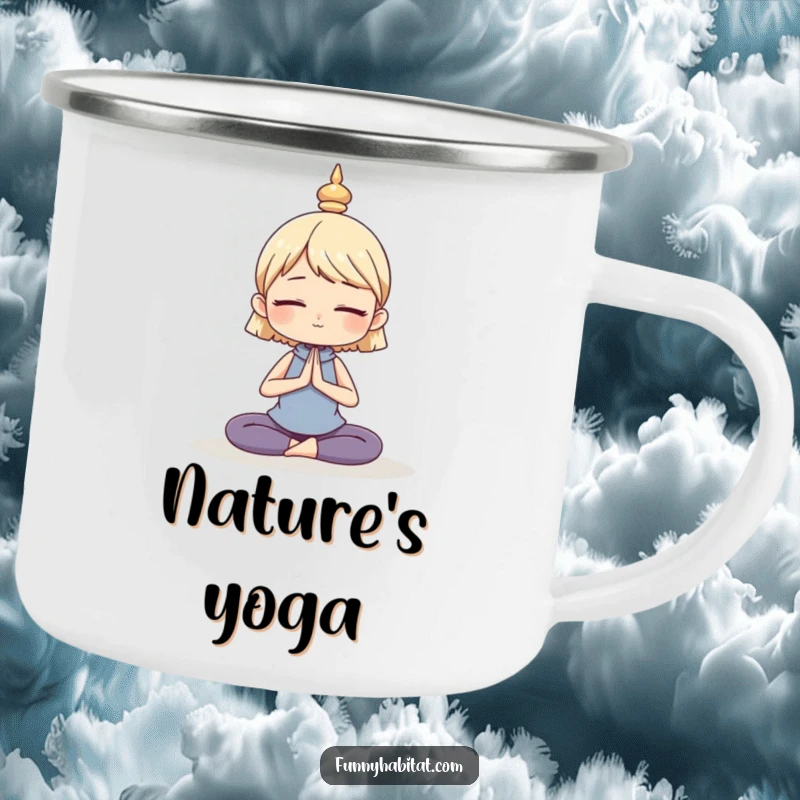 Funny camping mug with a character in a calm, serene yoga pose, designed for outdoor relaxation and mindful humor.