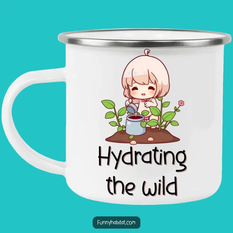 Funny Enamel Camping Mug: Gardener Character Watering Plant Adventure