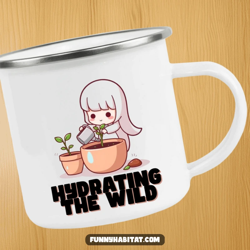 Funny character with a watering can, tending to a sprout in a pot, on a camping mug.