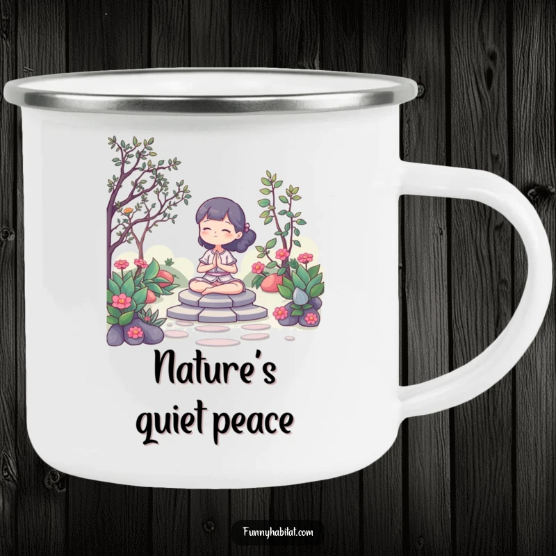Funny Camping Mug: A character meditating peacefully in a serene garden, perfect for calm outdoor moments. Perfect gift.