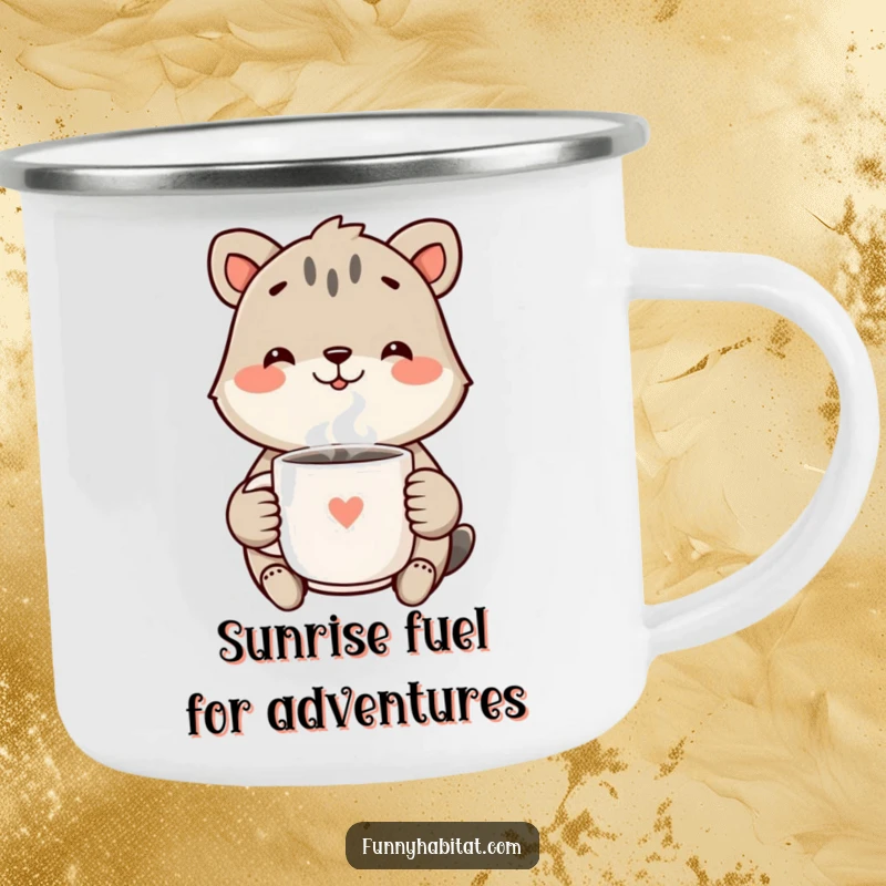 Funny Camping Mug with a cheerful animal smiling and holding a steaming mug, perfect for outdoor enjoyment and a good laugh.