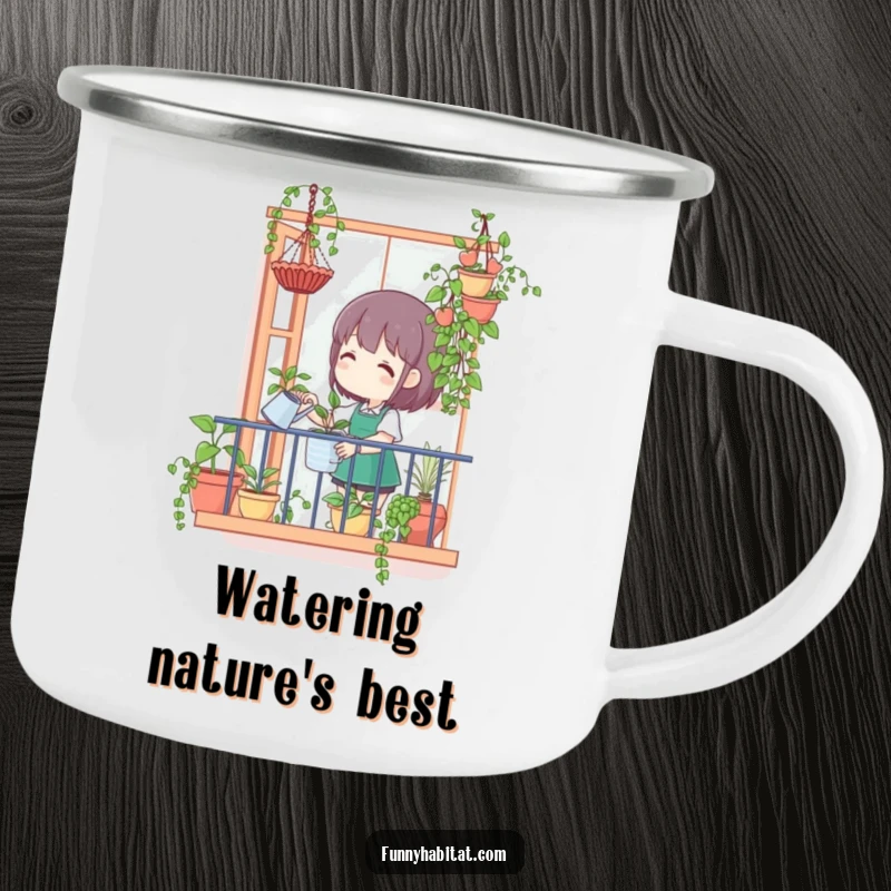Funny camping mug featuring a character watering hanging plants from a balcony, ideal for outdoor refreshment with a cheerful gardening theme.
