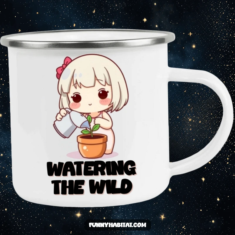 Funny plant camping mug, a cute character happily watering a plant, perfect for outdoor adventures and enjoying beverages.