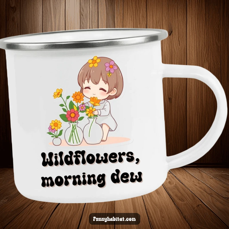 Funny camping mug with a character arranging colorful flowers in a vase, perfect for outdoor relaxation.