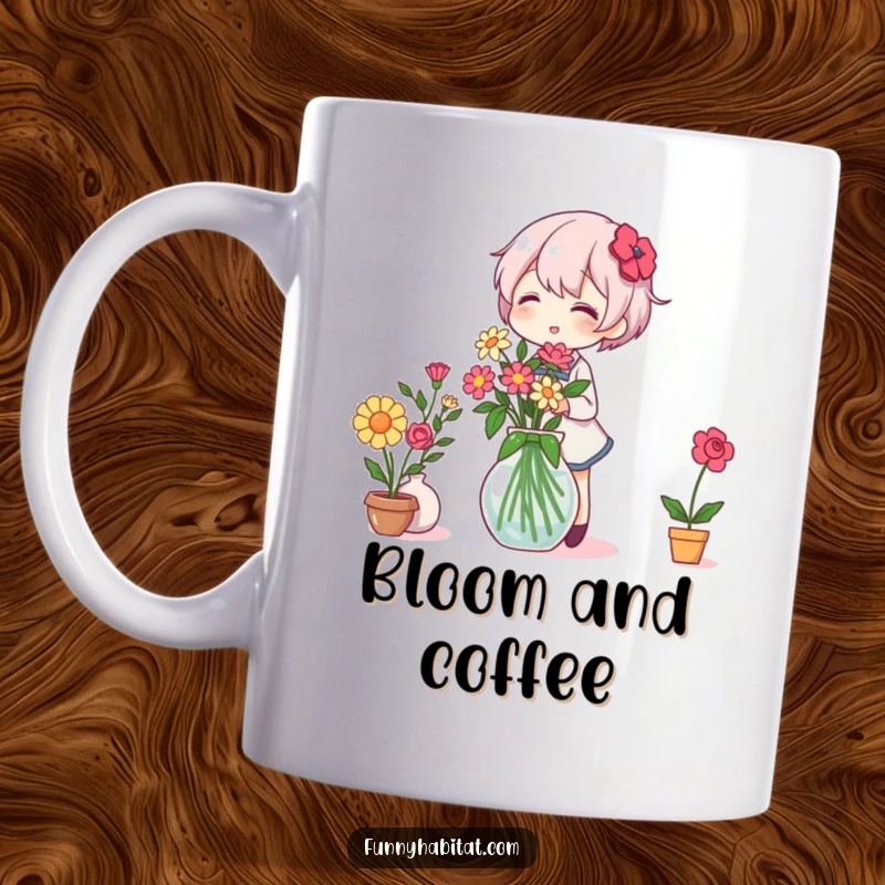 Funny Mug: A character cheerfully places flowers into a vase, radiating joy and a love for floral arrangements.