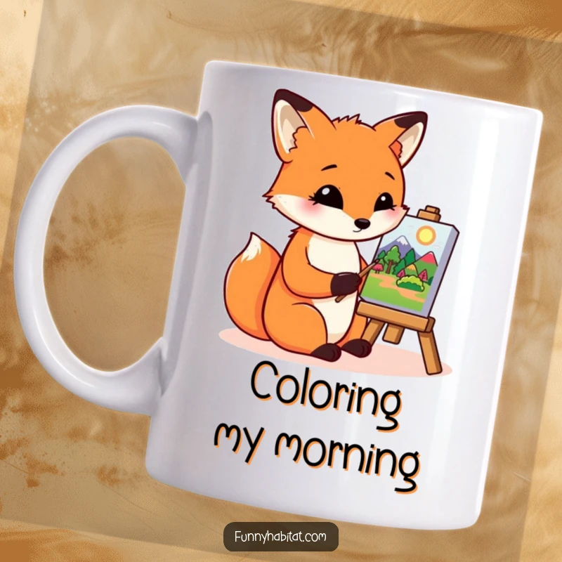 Funny fox character diligently painting a colorful landscape on a small canvas, a humorous mug for artists.