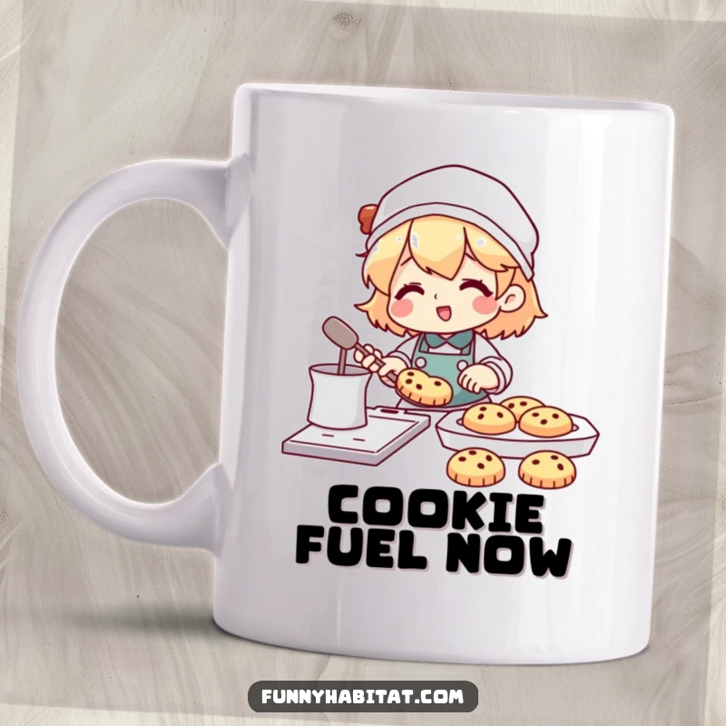 Funny mug of a character happily baking cookies with a tray full of treats nearby, radiating warmth and culinary joy.