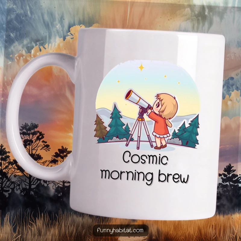 Funny mug depicting a character gazing through a telescope with wide-eyed wonder at the starry night sky above.