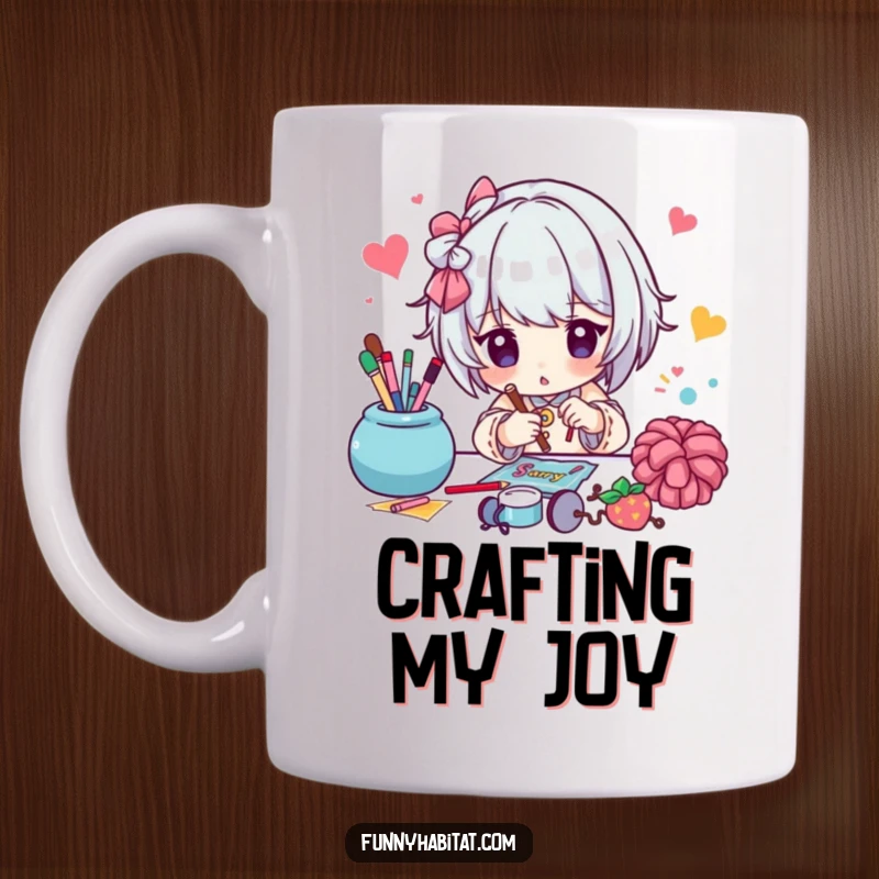 Funny mug depicting a character focused on a vibrant and colorful craft project, showcasing diligent creation.