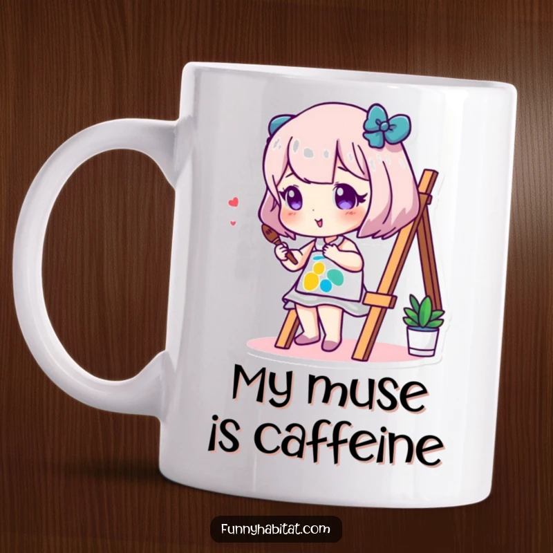 Funny mug showcasing an artistic character joyfully painting on a small canvas with vibrant, cheerful colors, perfect for art enthusiasts.