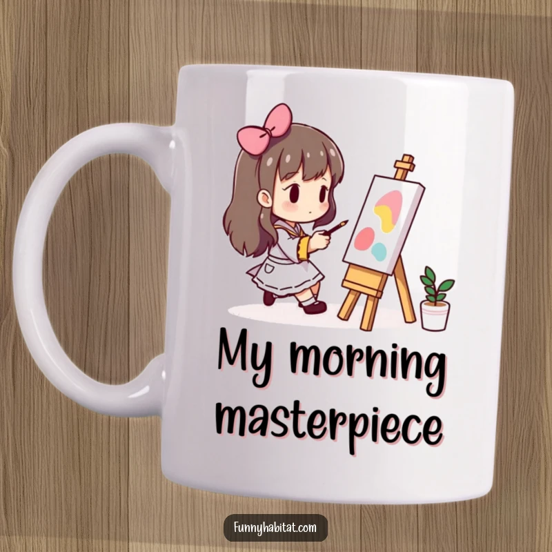Funny mug showing a character deeply engrossed in painting on a small easel, embodying the focused joy of artistic creation.