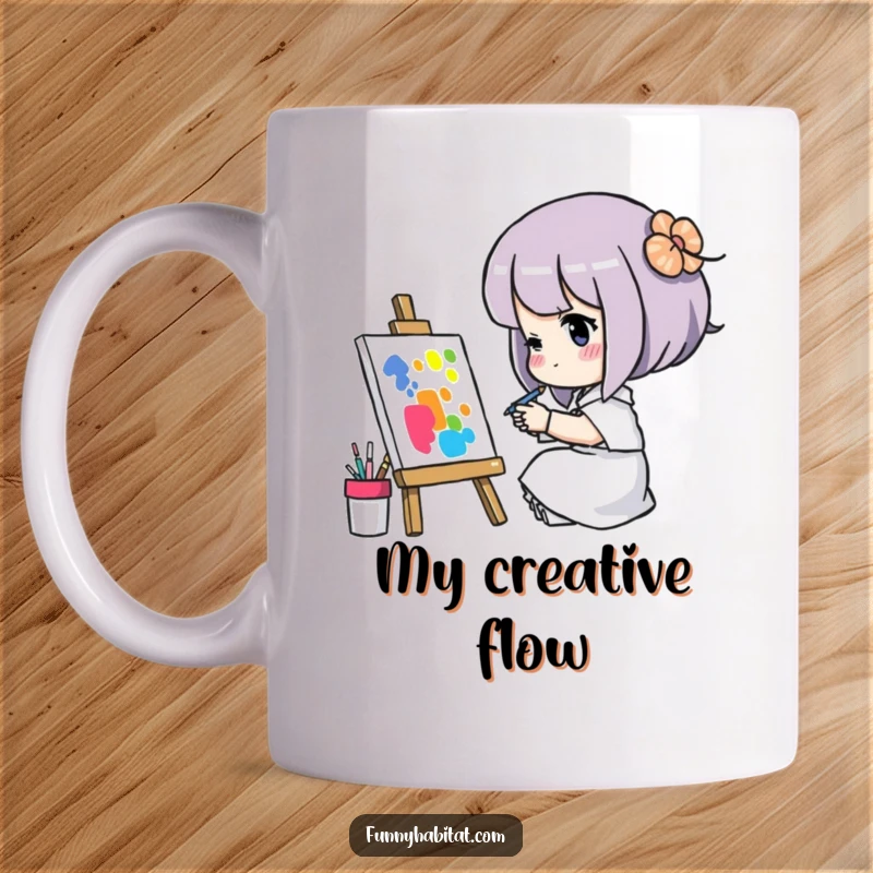 Funny mug shows a character intensely focused on painting a vibrant, colorful picture, celebrating artistic concentration and passion.