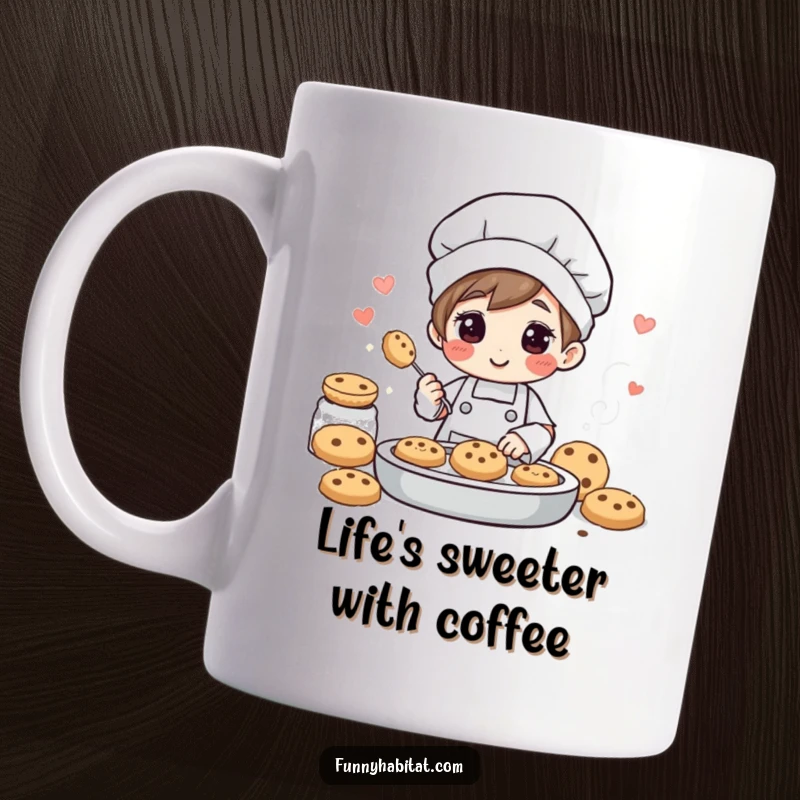 Funny mug showing a cheerful character happily baking cookies, with sweet aromas wafting from the oven, perfect for bakers.