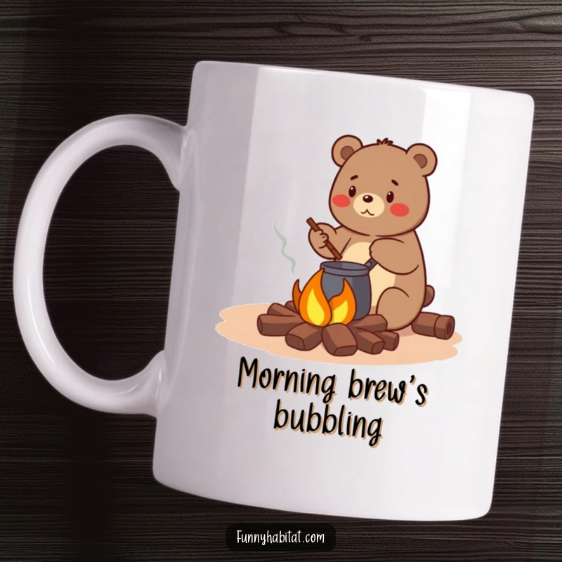 Funny bear character happily stirring a pot over a small campfire, a humorous and cozy mug for outdoor lovers.
