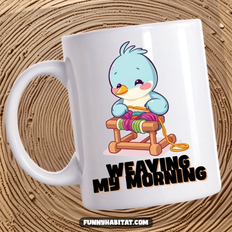 Funny bird character arranging colorful yarn on a tiny loom, a humorous mug for knitters and crafters.