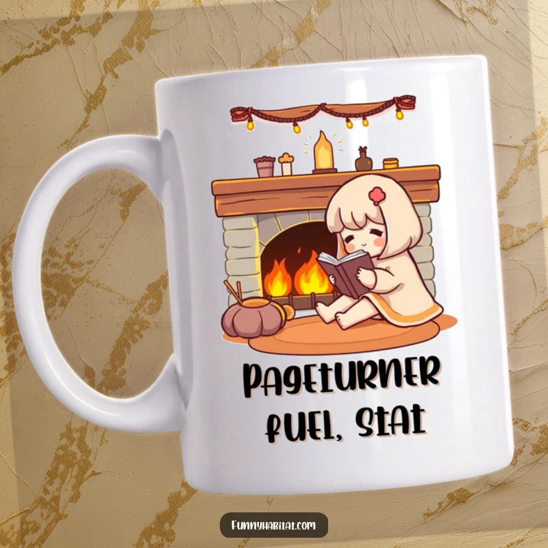Funny character comfortably reading a book by a warm, glowing fireplace on a mug.