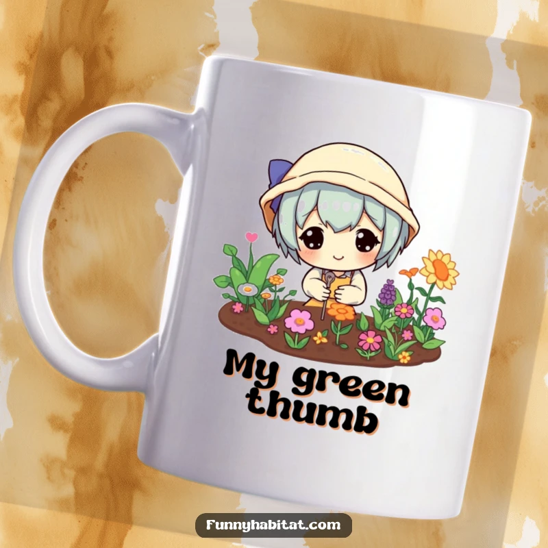 Funny mug with a happy character gently tending a miniature, vibrant garden, celebrating the joy of small-scale horticulture.