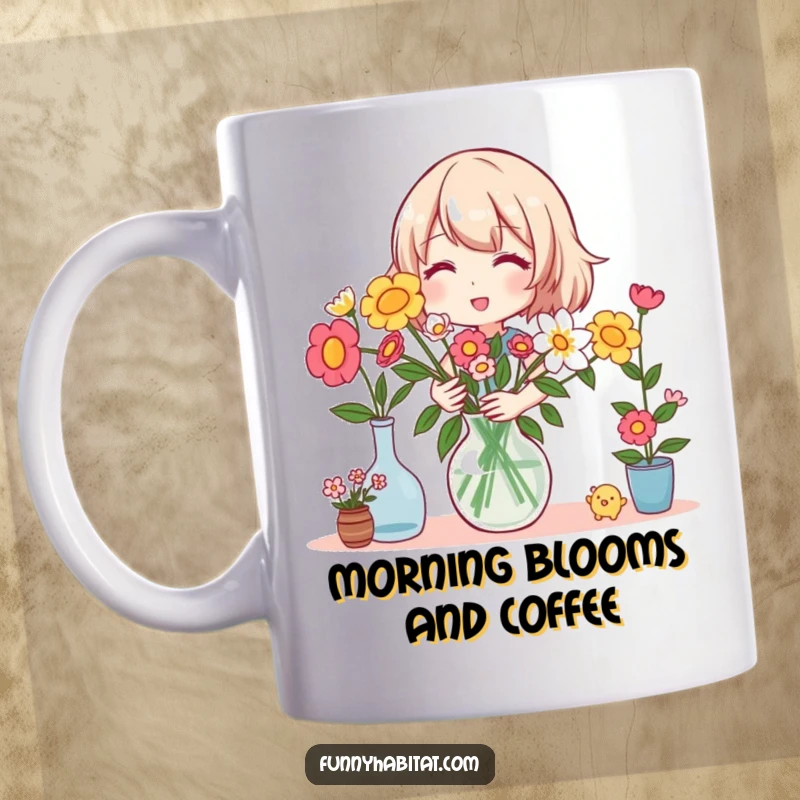 Funny mug showing a happy character carefully arranging colorful flowers in a vase with a joyful expression.