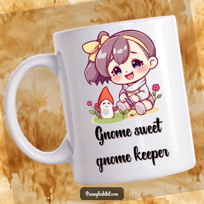 Funny mug showing a character with a wide smile gently tending to a small garden gnome, highlighting joy and whimsy.