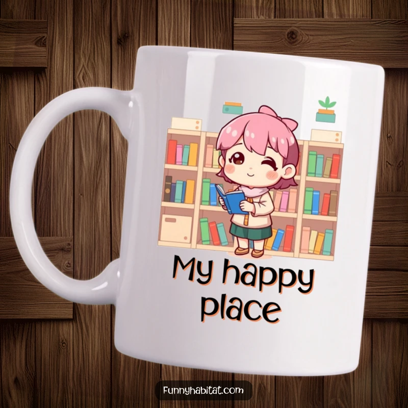 Funny mug featuring a smiling character happily organizing a collection of miniature bookshelves filled with tiny books.
