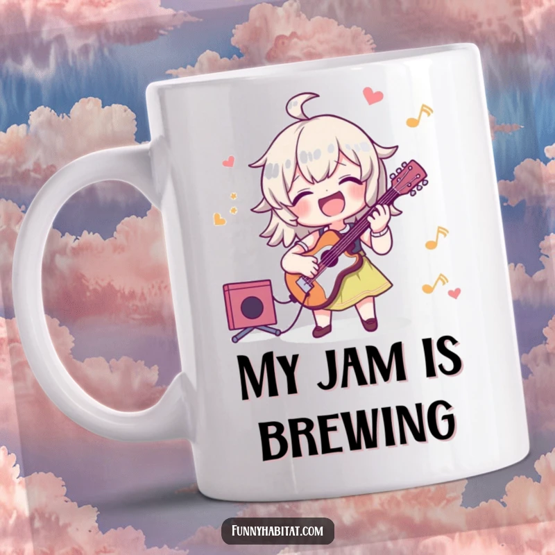 Funny mug with a character joyfully playing a musical instrument, radiating happiness and musical passion.