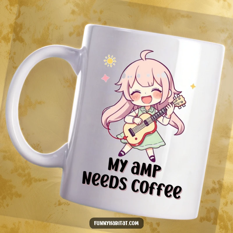 Funny musician mug with a character joyfully playing a musical instrument with passionate dedication and vibrant energy.