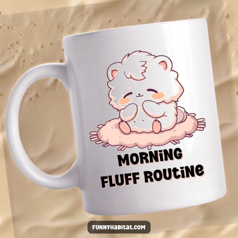 Funny mug featuring a fluffy animal character contentedly grooming itself on a plush rug, a humorous and cozy gift.