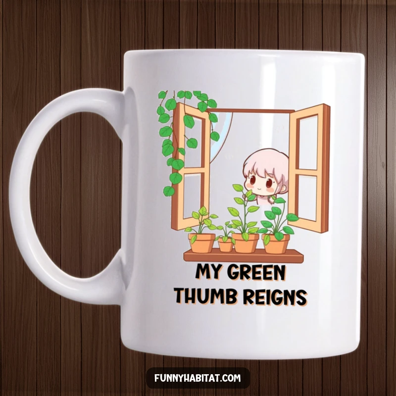 Funny mug showing a cute character joyfully watering a small, vibrant potted plant, expressing pure plant-loving happiness.