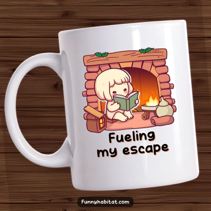 Funny mug depicting a character engrossed in a book next to a crackling fireplace, embodying ultimate cozy relaxation.