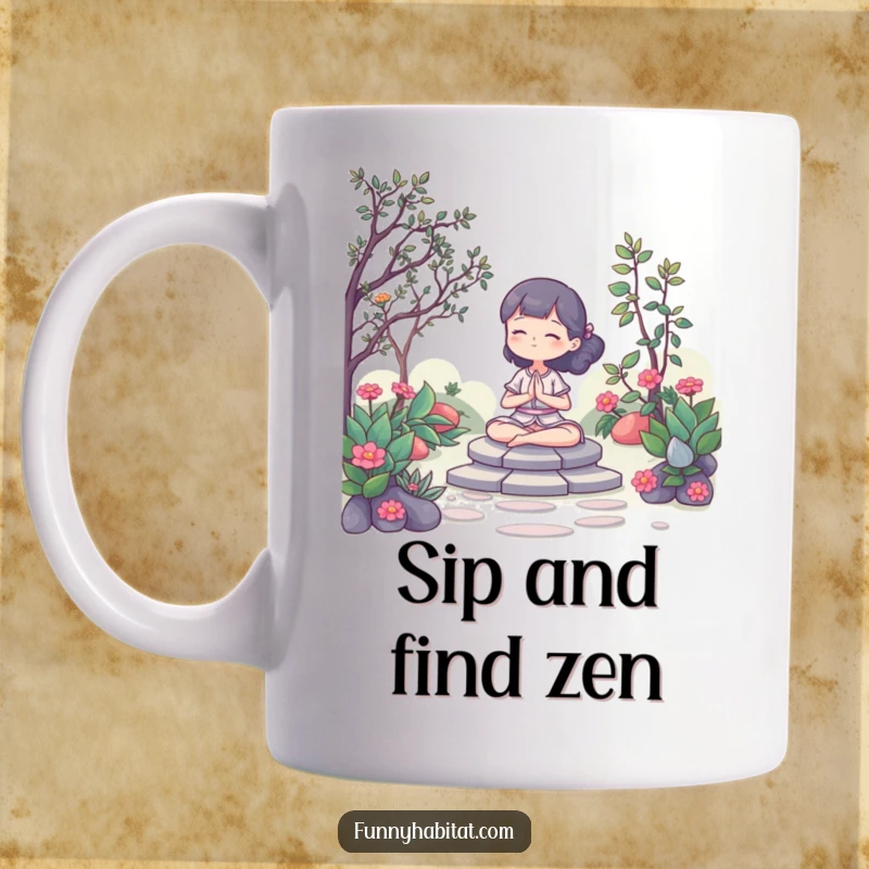 Funny Mug: A character meditating peacefully in a serene garden, radiating calm and mindfulness. Ideal gift.